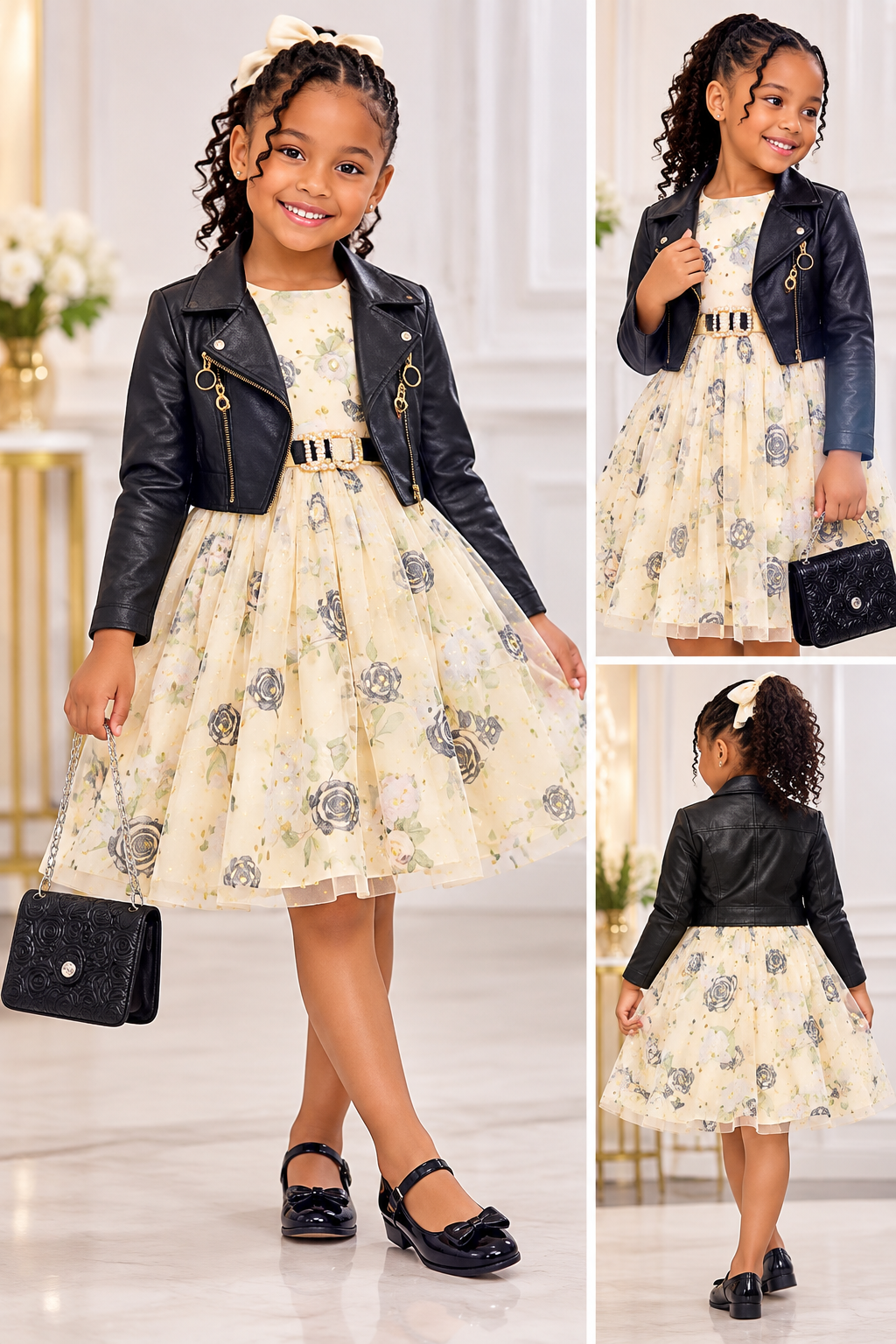Girls Elegant Floral Tulle Dress with Leather Jacket Set 5-7 Year