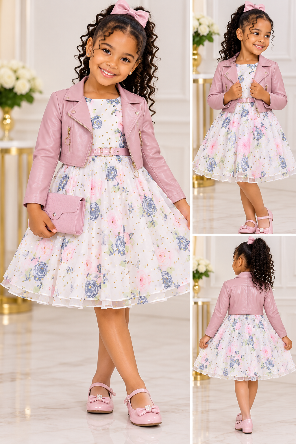 Girls Elegant Floral Tulle Dress with Leather Jacket Set 5-7 Year