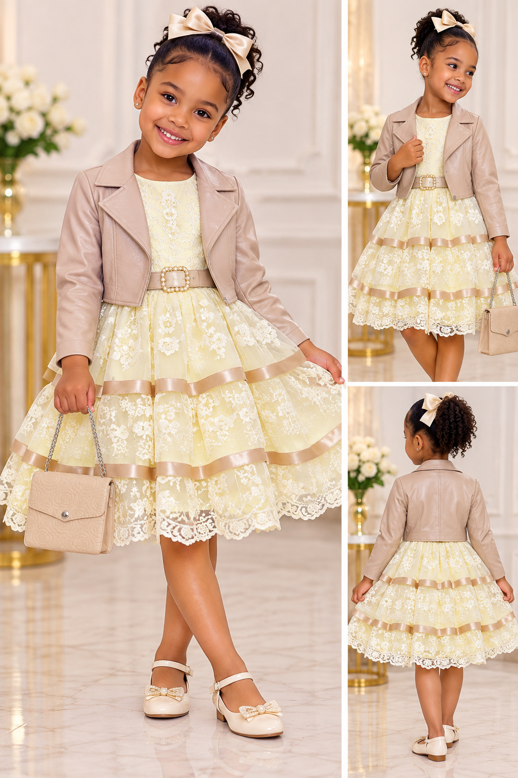 Girls Elegant Floral Tulle Dress with Leather Jacket Set 5-7 Year
